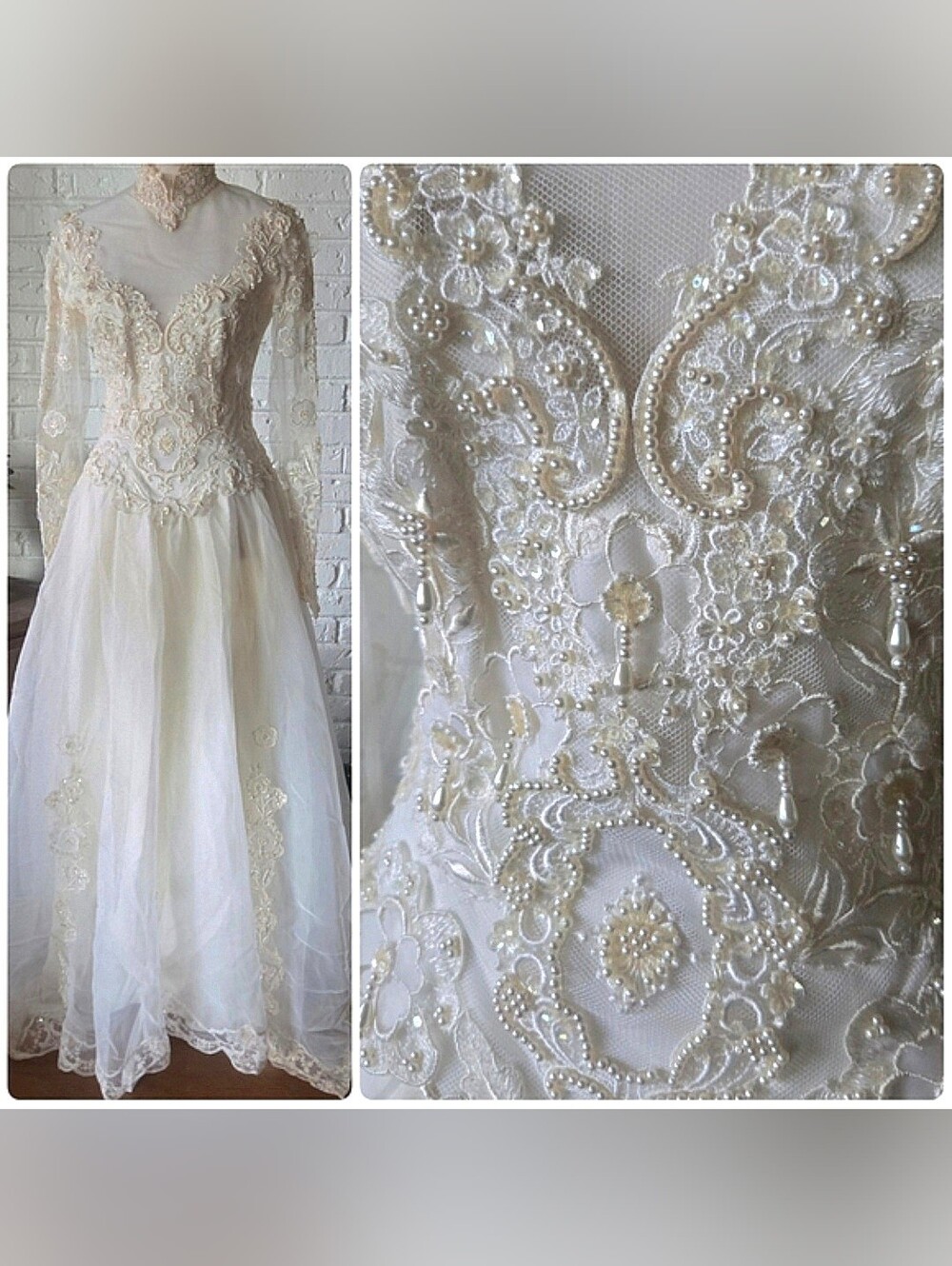 Vtg 80s 90s High Neck Bead/Pearl/Sequin Wedding Gown, Union, Ivory